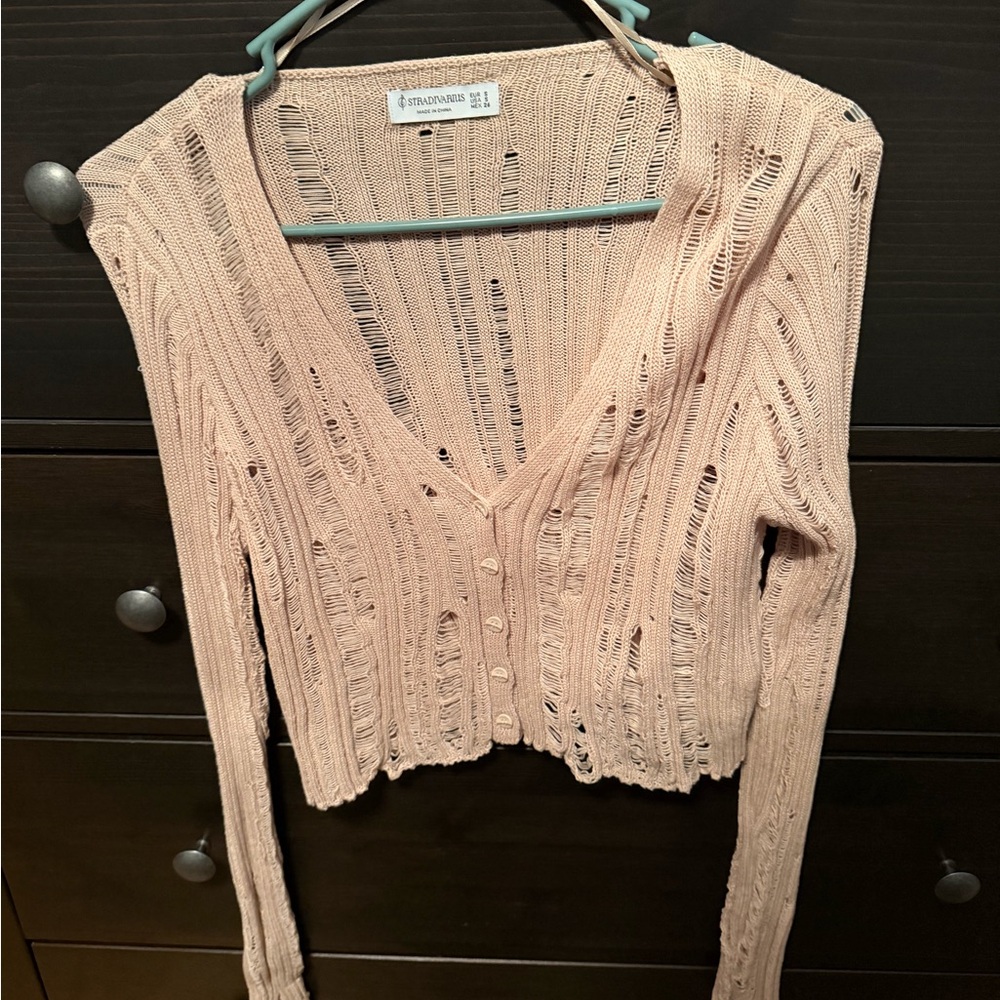 Stradivarius Pink Distressed Knit Top